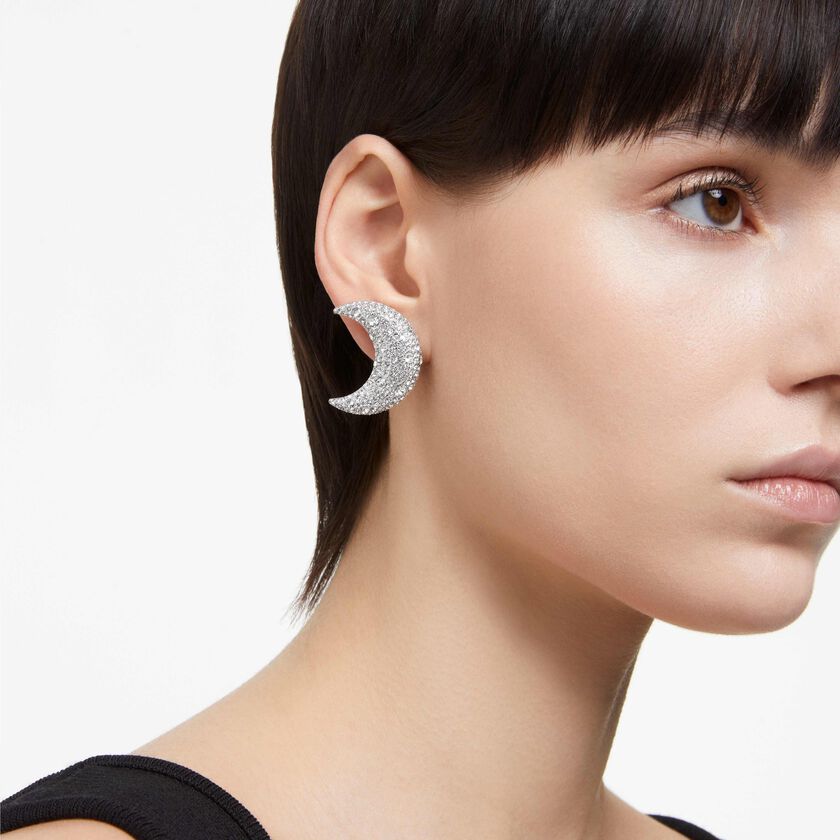 swarovski أقراط بمشبك sublima، على شكل هلال، لون أبيض، طلاء روديوم