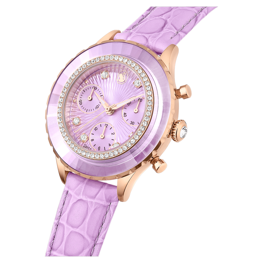 swarovski ساعة يد octea chrono، صناعة سويسرية، سوار جلد، لون أرجواني، لمسة نهائية باللون الذهبي الوردي
