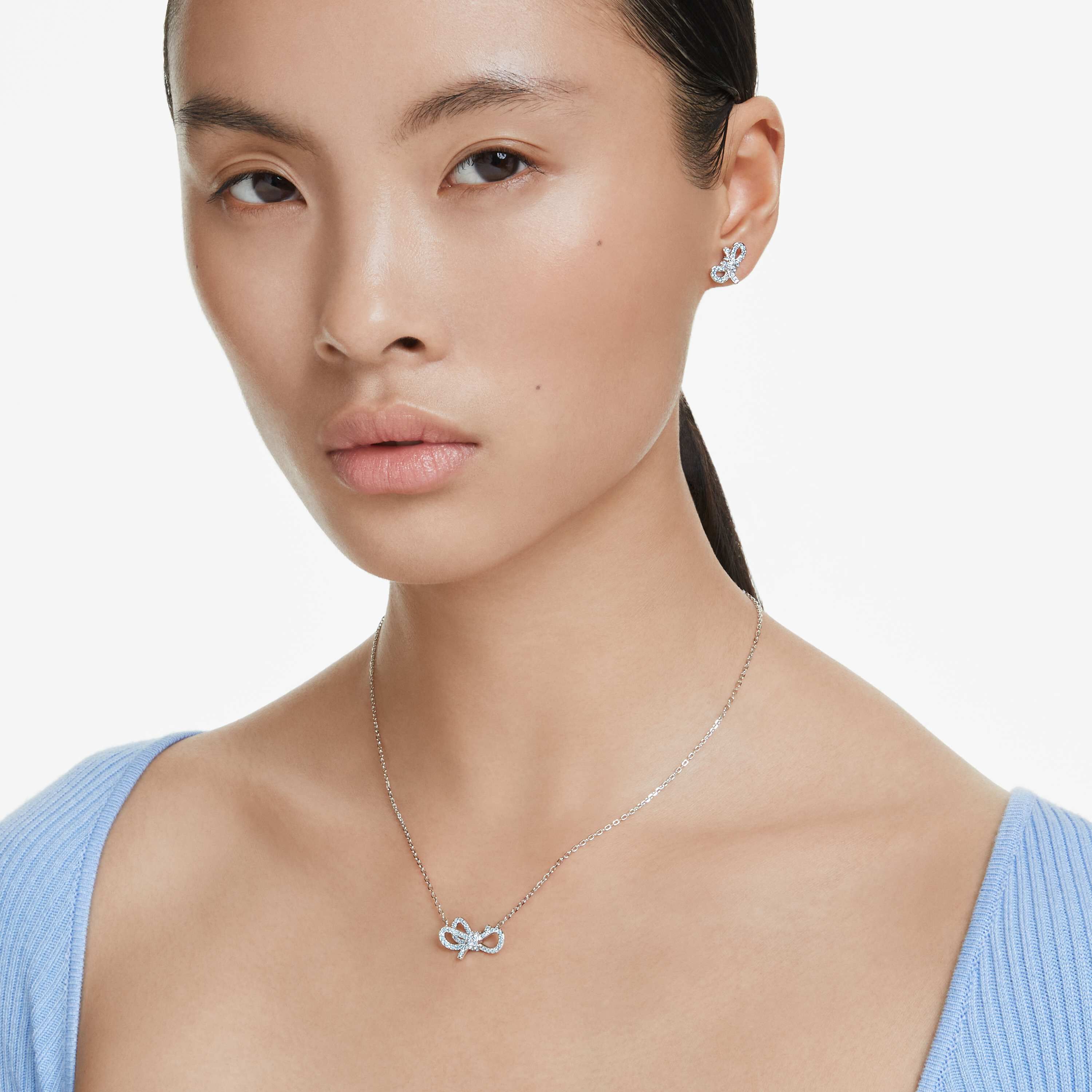 swarovski طقم lifelong bow، على شكل أنشوطة، لون أزرق، طلاء روديوم