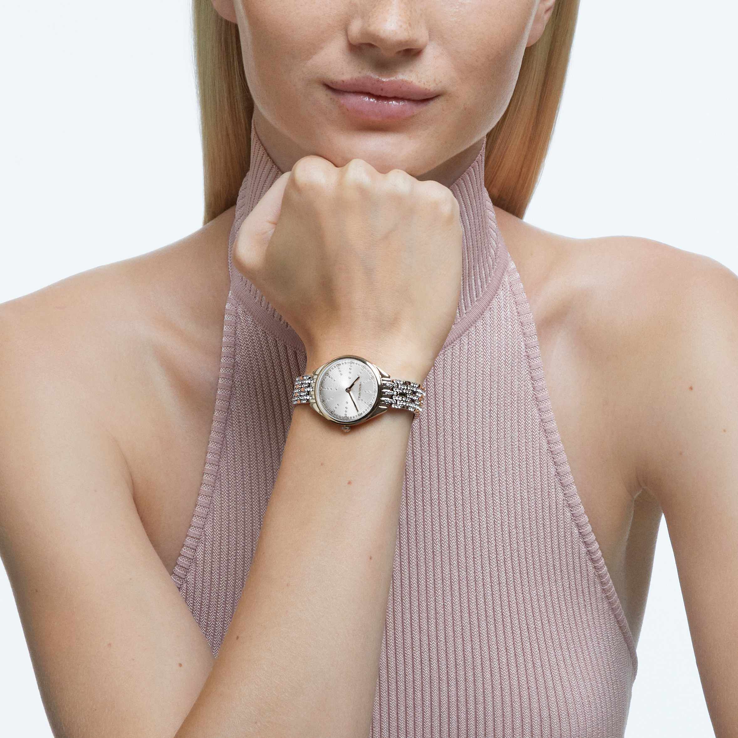 swarovski ساعة attract، صناعة سويسرية، كريستالات متراصة، سوار كريستال، لون ذهبي، لمسة نهائية بلون ذهبي شامبين