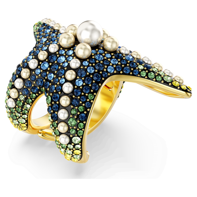 swarovski خاتم كوكتيل idyllia، لآلئ كريستال، شكل نجمة بحر، ألوان متعددة، طلاء بلون ذهبي