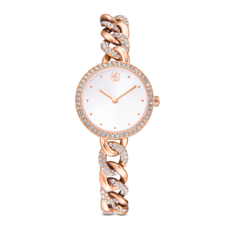 swarovski ساعة مستديرة cocktail، سوار معدني، لون ذهبي، لمسة نهائية باللون الذهبي الوردي