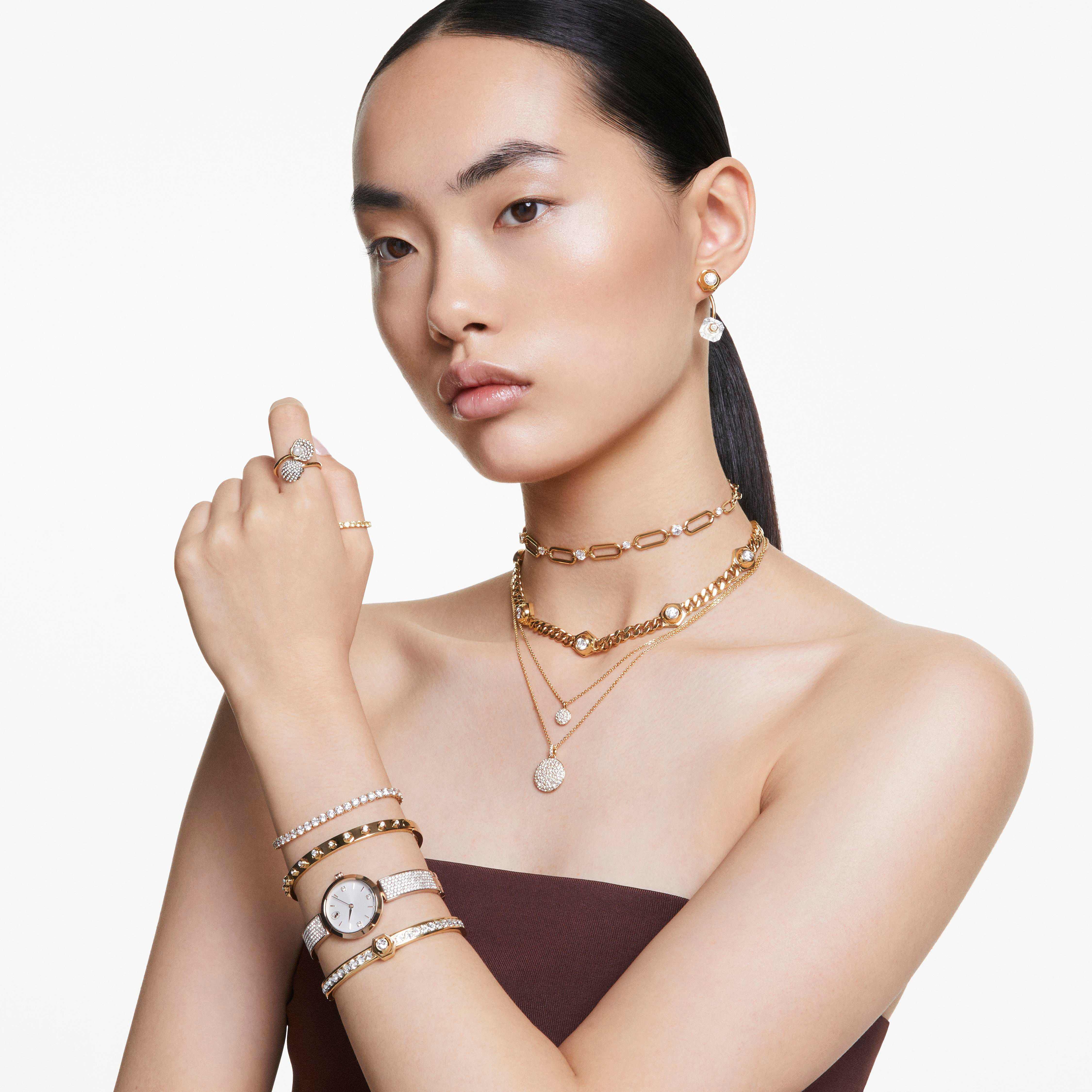 swarovski قلادة متعددة الطبقات sublima، لون أبيض، طلاء بلون ذهبي