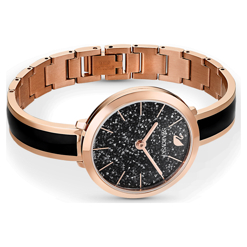 swarovski ساعة crystalline delight، صناعة سويسرية، سوار معدني، لون أسود، لمسة نهائية بلون ذهبي وردي