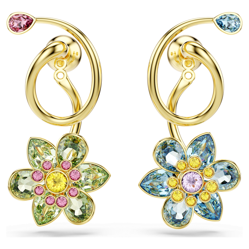 swarovski أقراط متدلية idyllia، تصميم غير متماثل، قطع متنوع، شكل زهرة، ألوان متعددة، طلاء باللون الذهبي