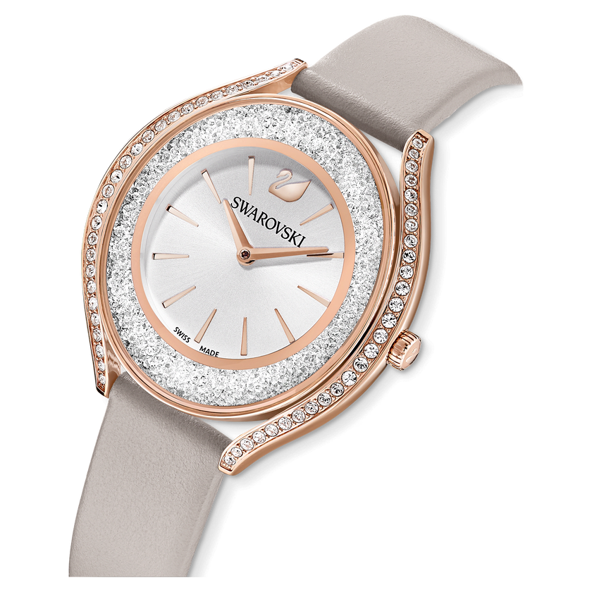 swarovski ساعة crystalline aura، صناعة سويسرية، حزام جلد، لون رمادي، لمسة نهائية بلون ذهبي وردي