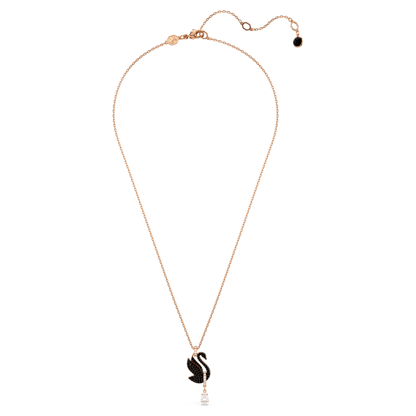 قلادة swarovski swan، على شكل بجعة، لون أسود، طلاء ذهبي وردي