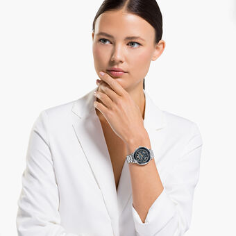 swarovski ساعة octea lux chrono، سوار معدني، أسود، لون فضي