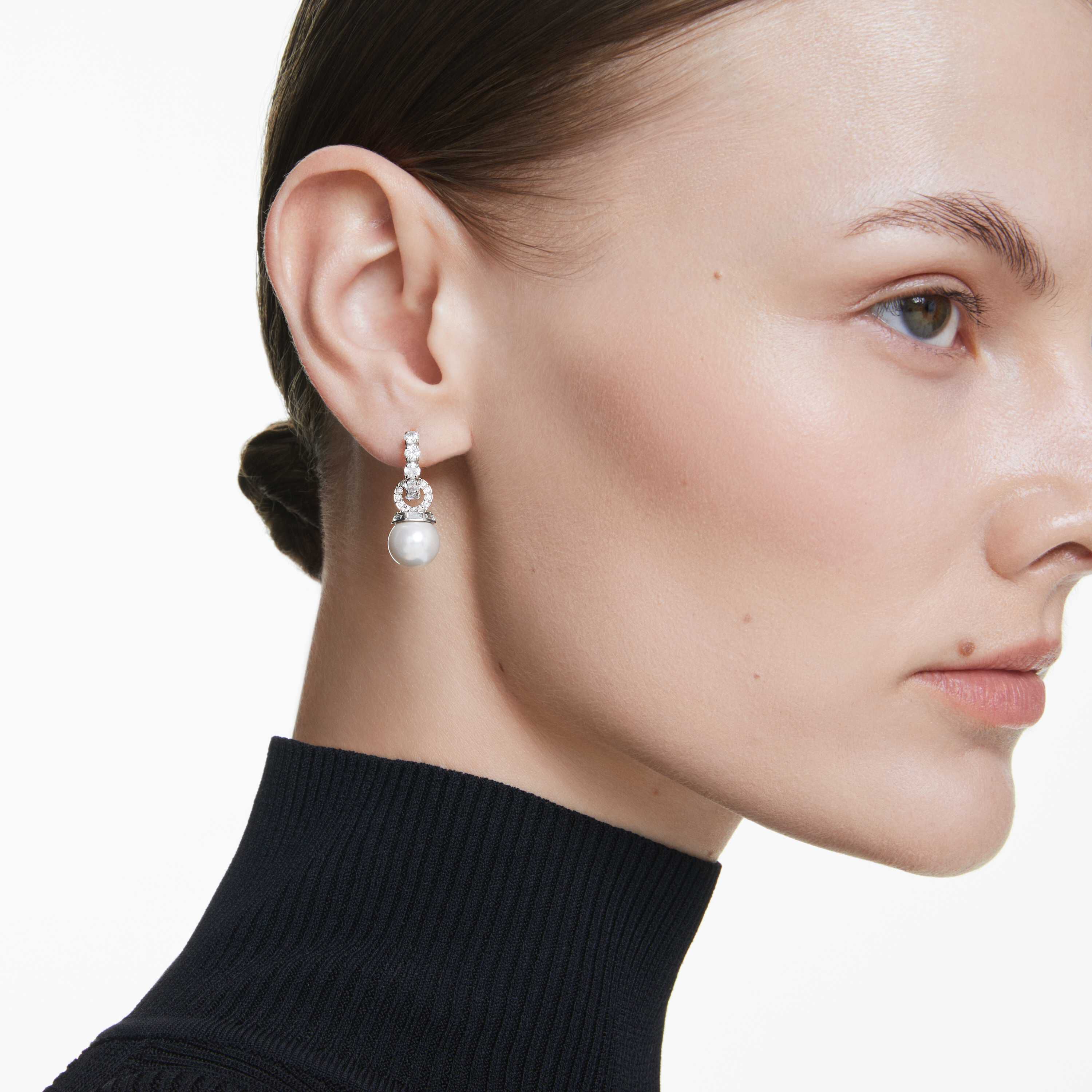 swarovski أقراط متدلية matrix، لآلئ كريستال، قطع مستدير، لون أبيض، طلاء روديوم