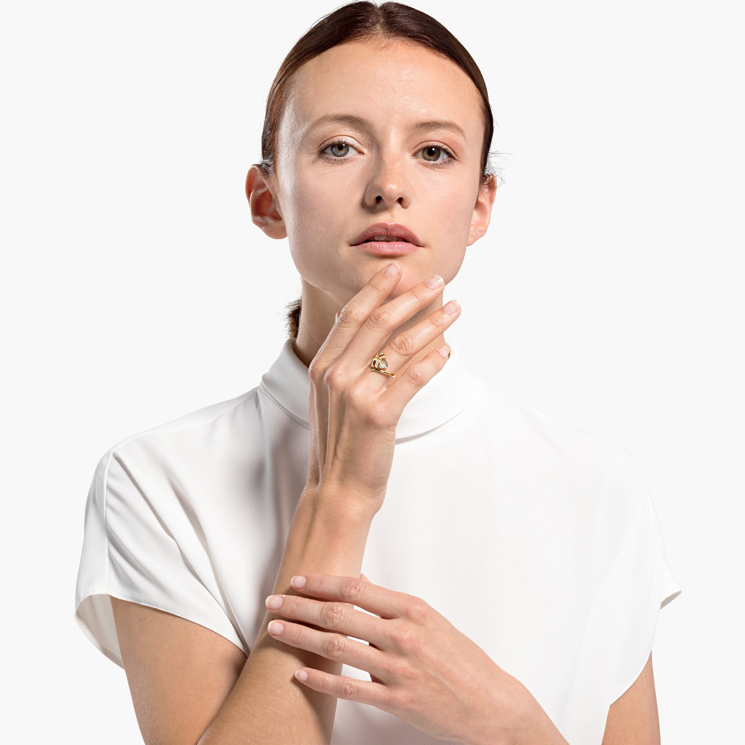 swarovski خاتم مفتوح على شكل ورقة شجر tropical، أبيض اللون، مطلي باللون الذهبي