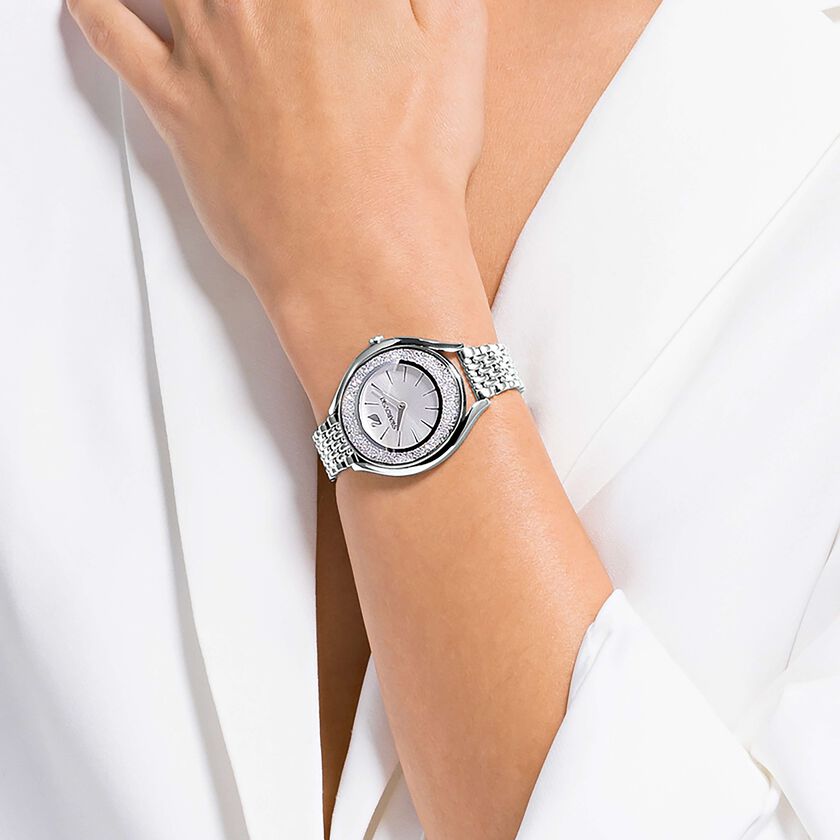 swarovski ساعة crystalline aura، صناعة سويسرية، سوار معدني، لون فضي، ستانليس ستيل
