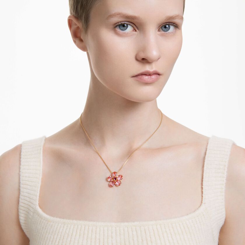 swarovski عقد idyllia، على شكل زهرة، لون وردي، طلاء بلون ذهبي