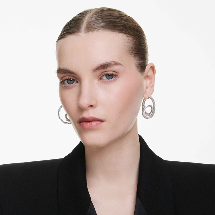 swarovski أقراط حلقية matrix، قطع باغيت، شكل شريط، لون أبيض، طلاء روديوم