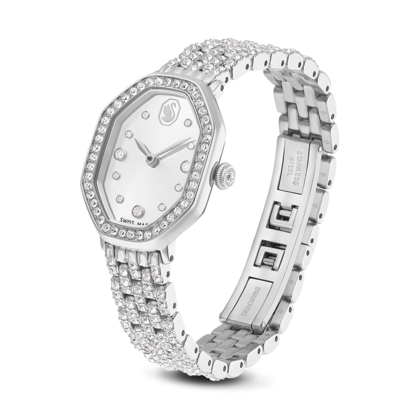 swarovski ساعة مثمنة dextera، سويسرية الصنع، سوار معدني، لون فضي، ستانلس ستيل