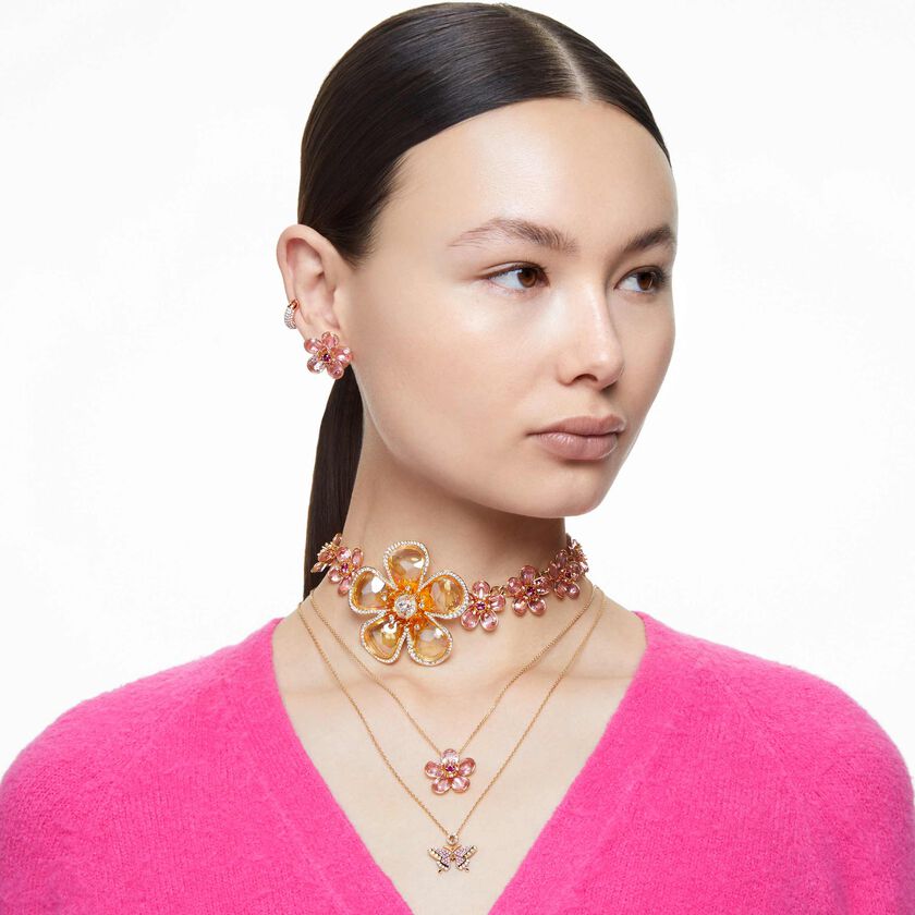 swarovski أقراط دبوسية idyllia، على شكل زهرة، لون وردي، طلاء بلون ذهبي