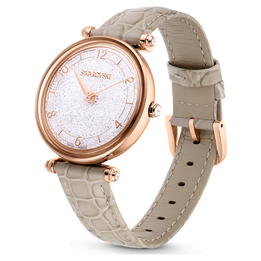 swarovski ساعة crystalline wonder، صناعة سويسرية، سوار جلد، لون بيج، لمسة نهائية بلون ذهبي وردي
