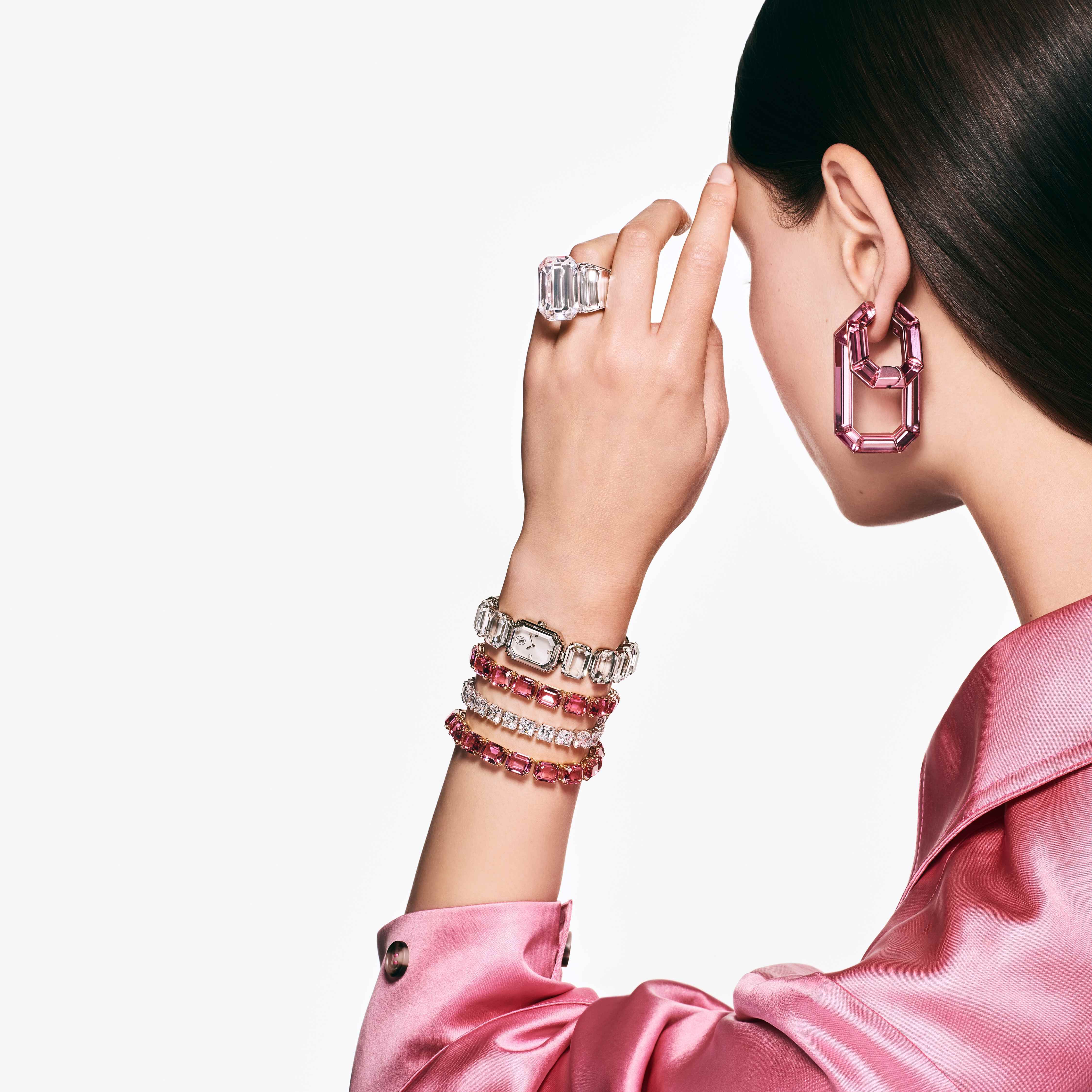 swarovski ساعة يد، سوار مرصع بأحجار مثمنة الشكل، لون أبيض، ستانلس ستيل