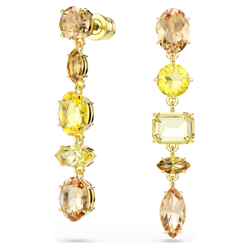 swarovski أقراط متدلية gema، تصميم غير متماثل، قطع متنوع، طويلة، لون أصفر، طلاء باللون الذهبي
