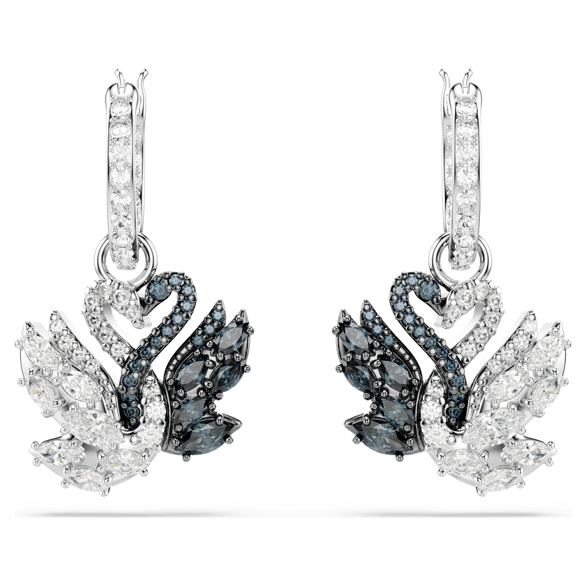 swarovski أقراط متدلية swan، شكل بجعة، لون أسود، طلاء روديوم