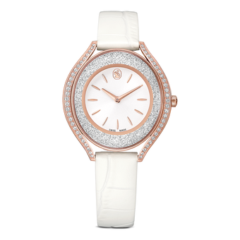 swarovski ساعة crystalline aura، صناعة سويسرية، سوار جلد، لون أبيض، لمسة نهائية بلون ذهبي وردي