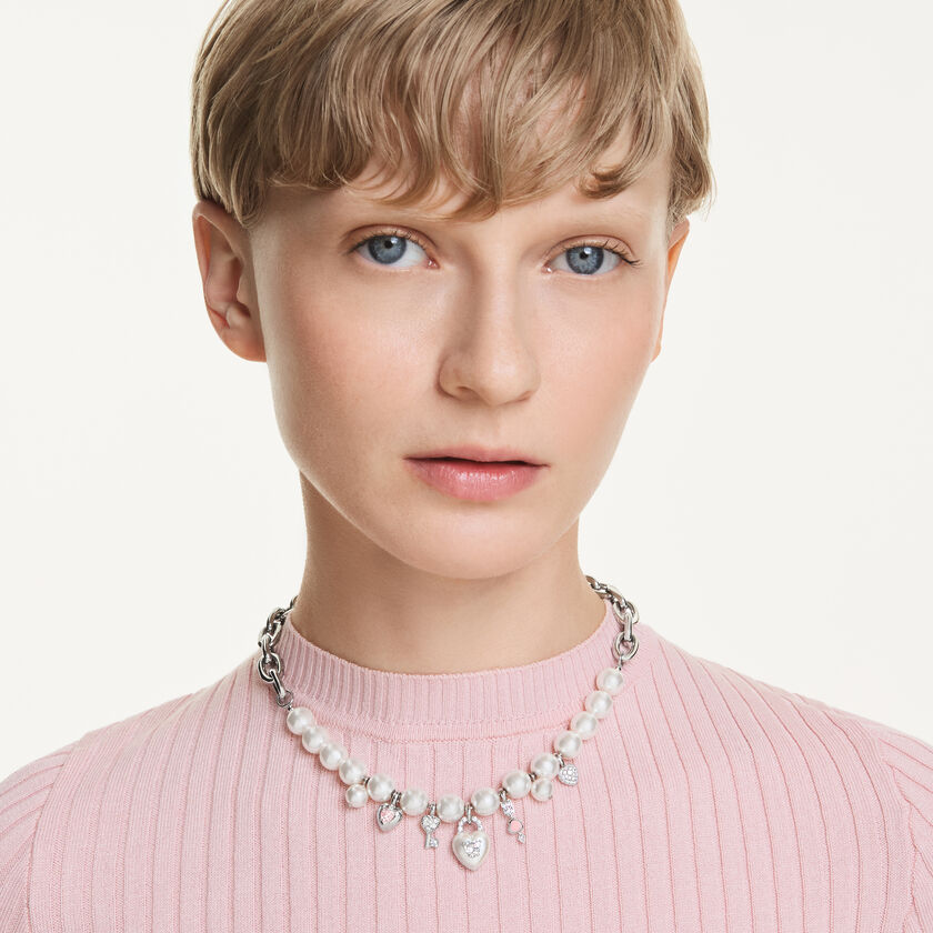 swarovski عقد idyllia، لآلئ كريستال، قطع متنوع، لون أبيض، طلاء روديوم