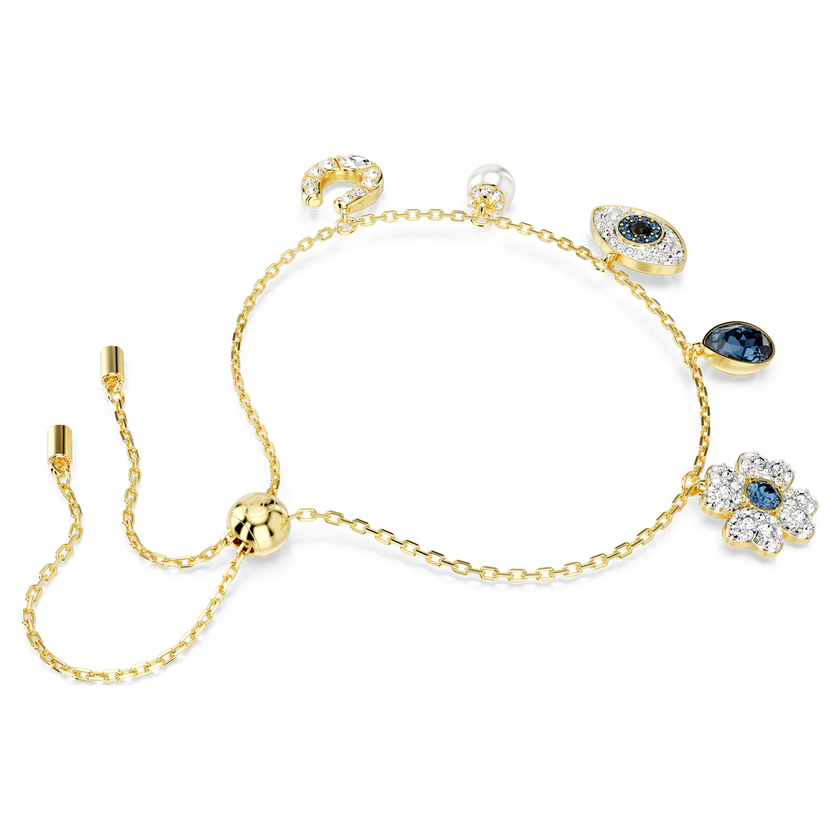 swarovski سوار symbolica، حلية على شكل زهرة برسيم، حلية على شكل عين الحسود، حلية على شكل حدوة حصان، لون أزرق، طلاء باللون الذهبي