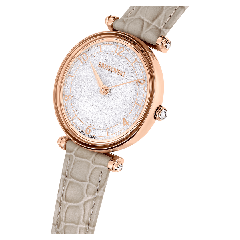 swarovski ساعة crystalline wonder، صناعة سويسرية، سوار جلد، لون بيج، لمسة نهائية بلون ذهبي وردي