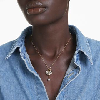 swarovski قلادة idyllia على شكل حرف y، لؤلؤة كريستال، شكل صدفة، لون أبيض، طلاء بلون ذهبي