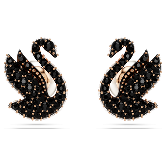 أقراط دبوسية swarovski swan، لؤلؤ كريستال، على شكل بجعة، لون أسود، طلاء ذهبي وردي