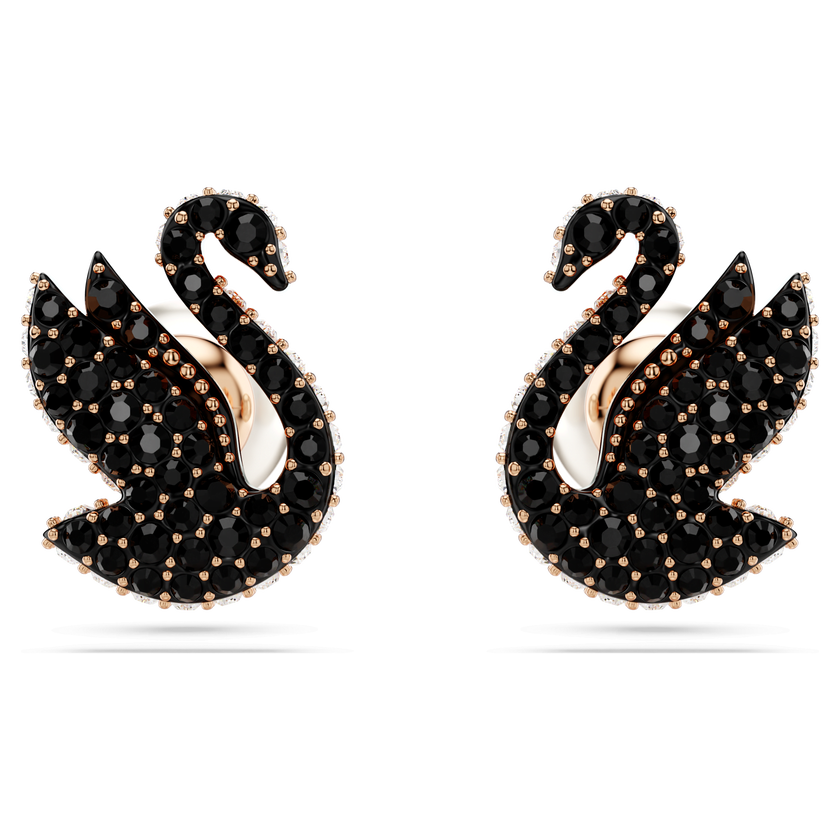 أقراط دبوسية swarovski swan، لؤلؤ كريستال، على شكل بجعة، لون أسود، طلاء ذهبي وردي