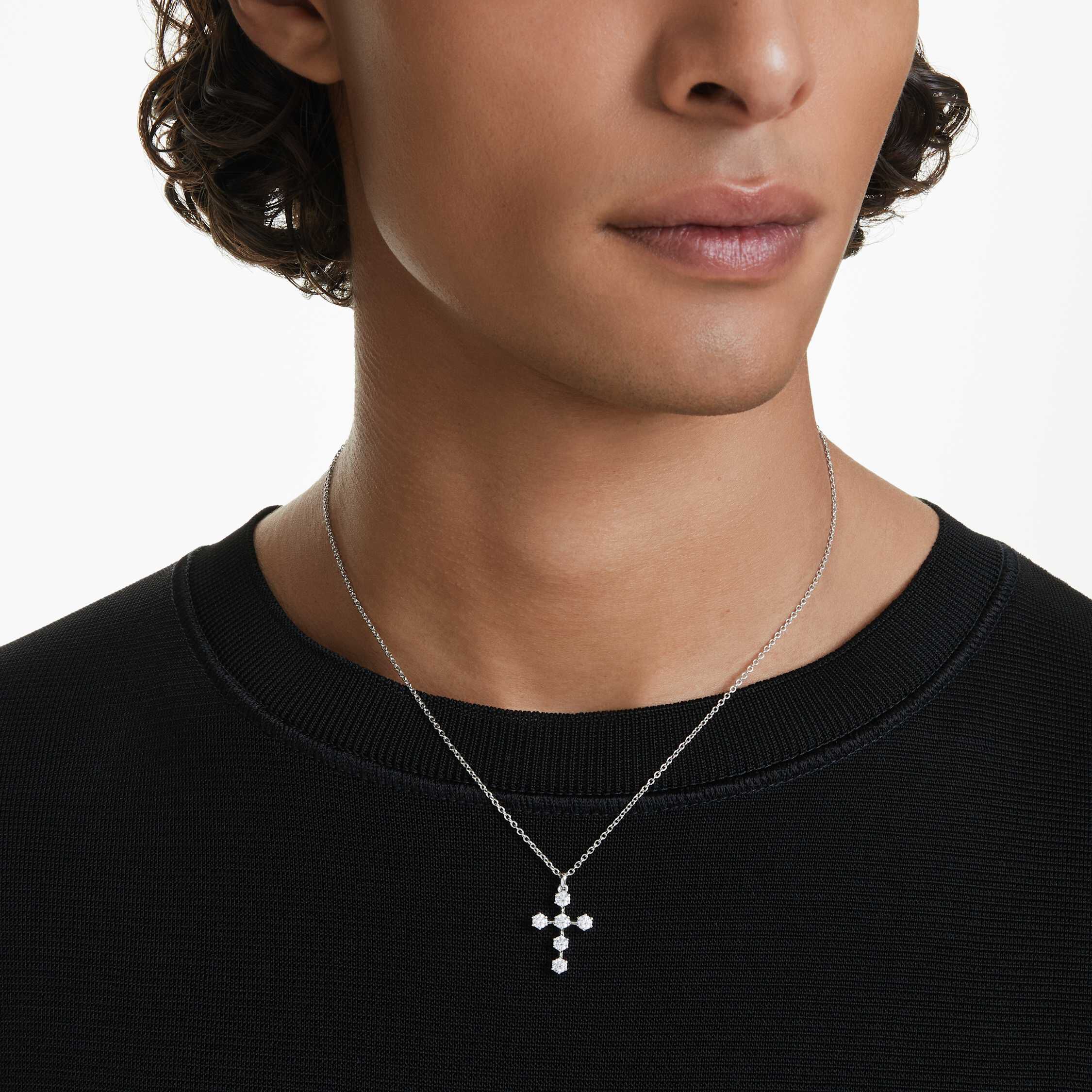 swarovski قلادة insigne، قطع مستدير، على شكل صليب، لون أبيض، طلاء روديوم