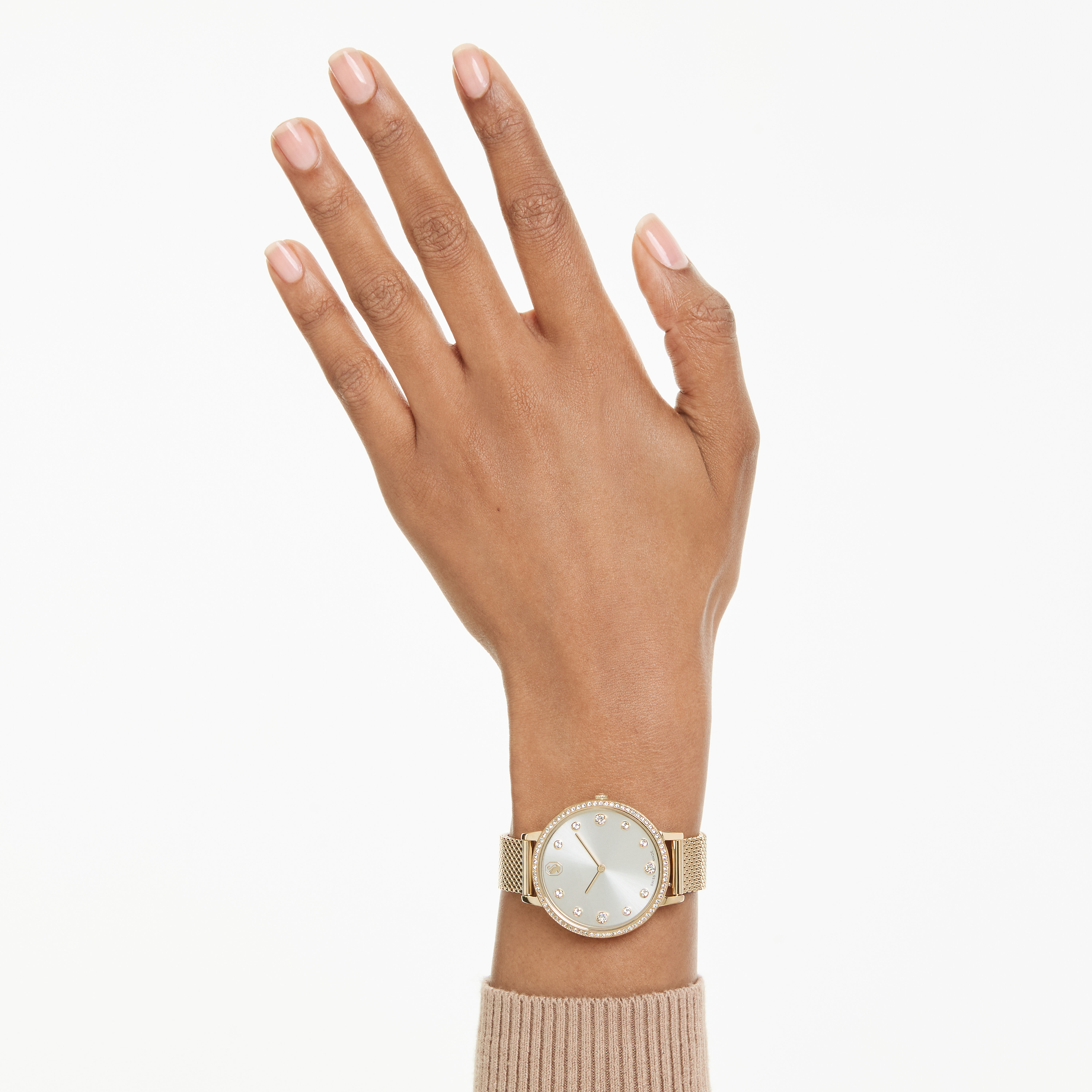 swarovski ساعة clarica، صناعة سويسرية، سوار معدني، لون ذهبي، لمسة نهائية باللون الذهبي