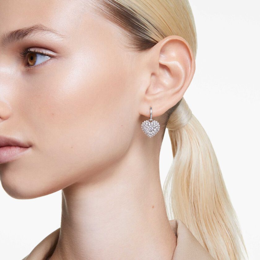 swarovski أقراط متدلية hyperbola، لؤلؤ كريستال، على شكل قلب، لون أبيض، طلاء روديوم