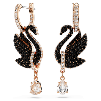 أقراط متدلية swarovski swan، على شكل بجعة، لون أسود، طلاء ذهبي وردي