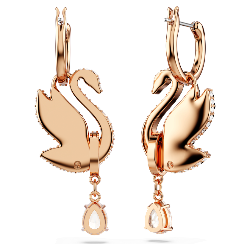 أقراط متدلية swarovski swan، على شكل بجعة، لون أسود، طلاء ذهبي وردي
