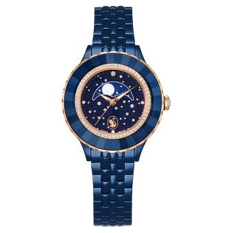swarovski ساعة قمرية octea، سويسرية الصنع، سوار معدني، لون أزرق، لمسة نهائية باللون الأزرق