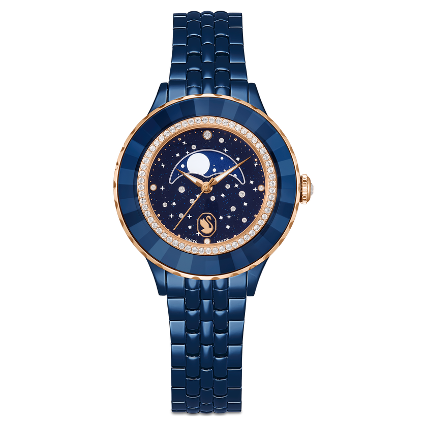 swarovski ساعة قمرية octea، سويسرية الصنع، سوار معدني، لون أزرق، لمسة نهائية باللون الأزرق