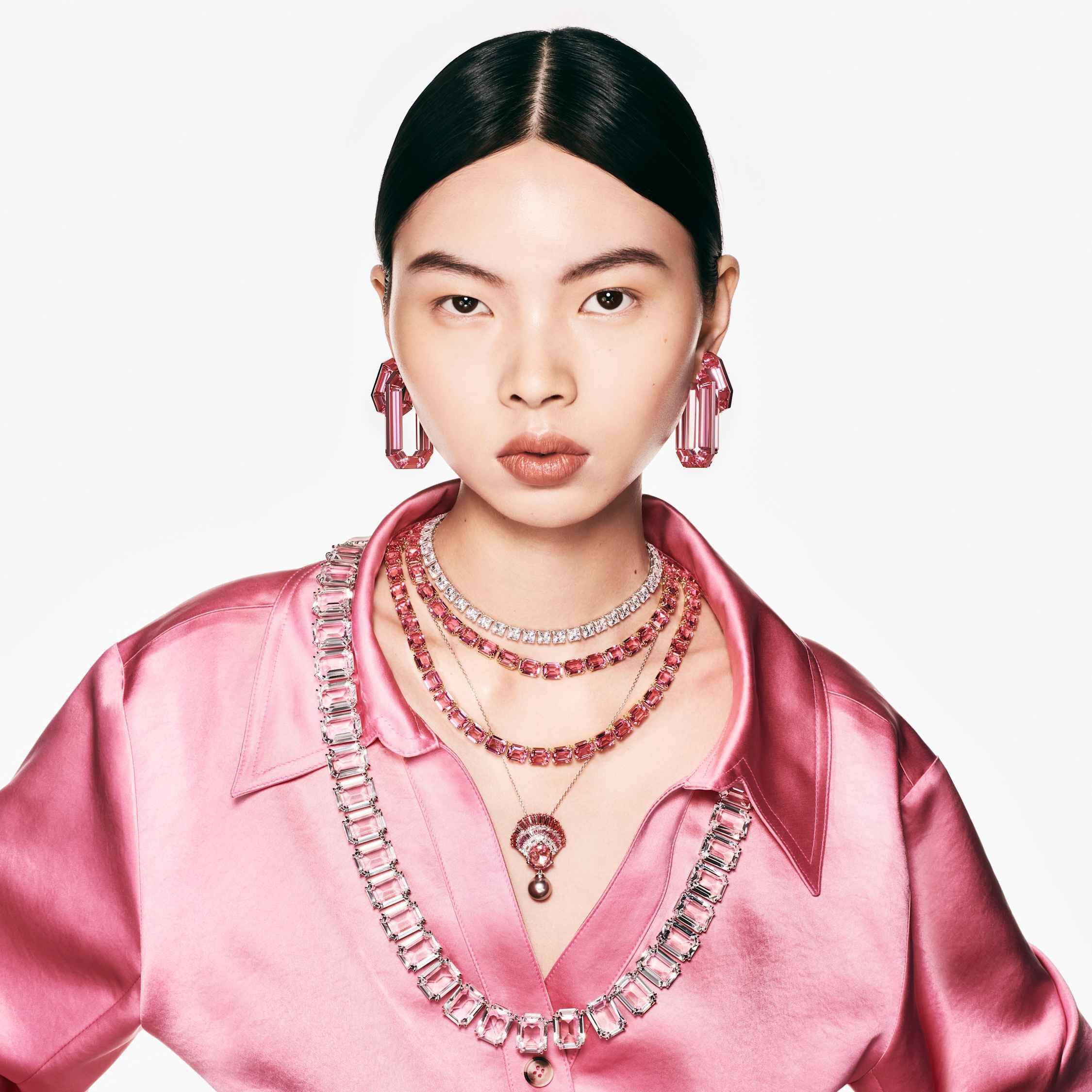 swarovski عقد millenia، قطع مُثَمَّن، لون وردي، طلاء بلون ذهبي