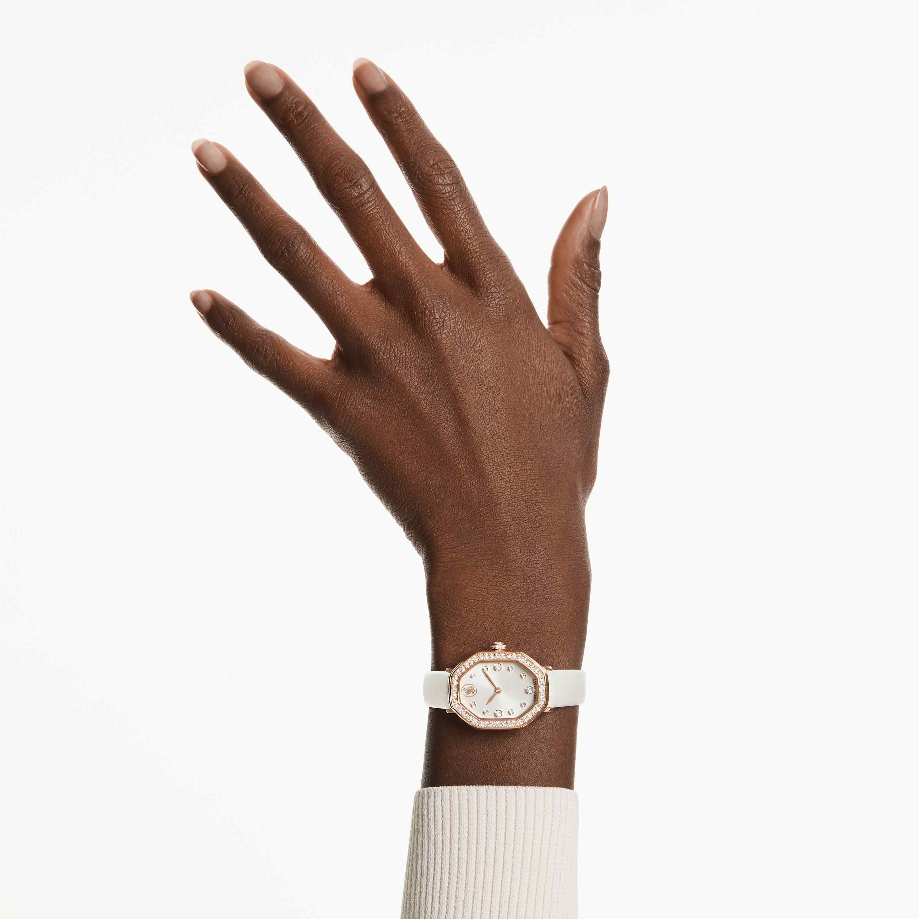swarovski ساعة dextera بتصميم مُثَمَّن، صناعة سويسرية، سوار جلد، لون أبيض، لمسة نهائية باللون الذهبي الوردي