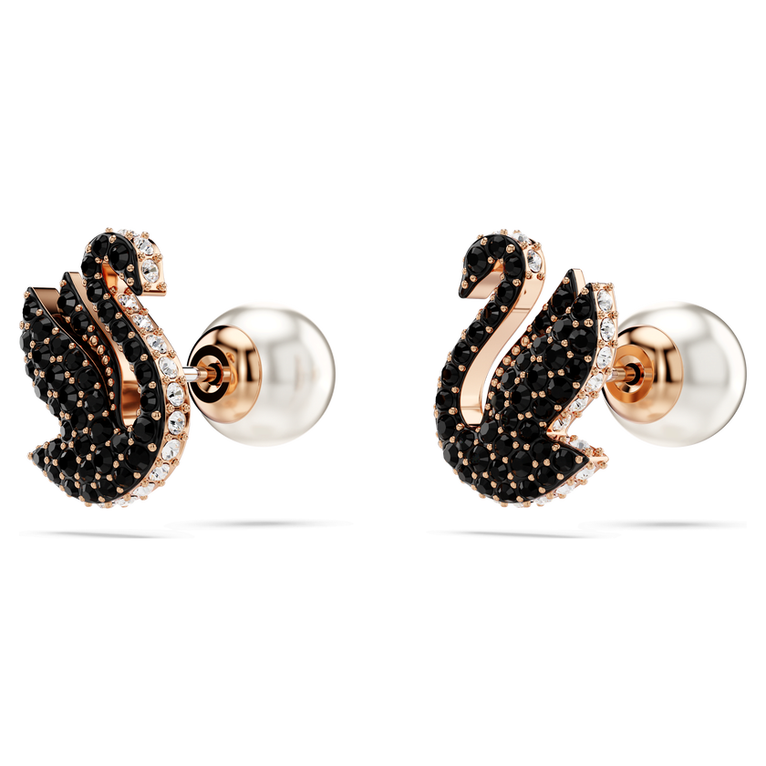 أقراط دبوسية swarovski swan، لؤلؤ كريستال، على شكل بجعة، لون أسود، طلاء ذهبي وردي