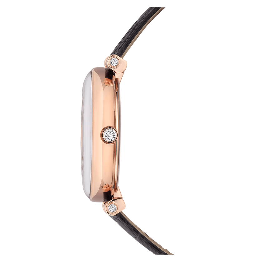 swarovski ساعة crystalline wonder، صناعة سويسرية، سوار جلد، لون أسود، لمسة نهائية بلون ذهبي وردي