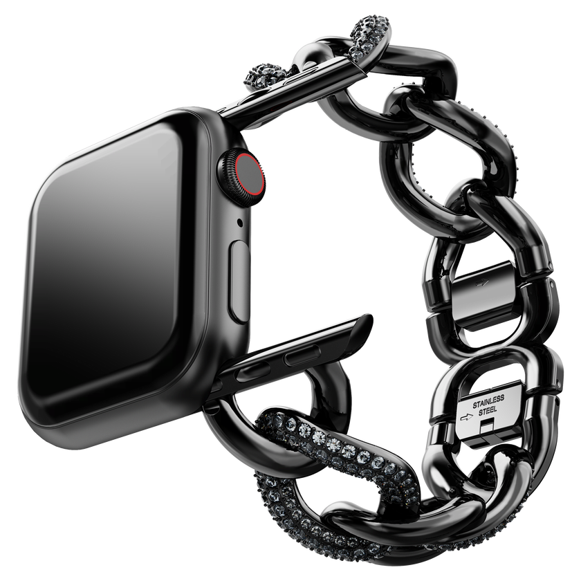 swarovski سوار برَّاق على شكل سلسلة يناسب الساعة الذكية apple watch ، لون أسود، لمسة نهائية باللون الأسود