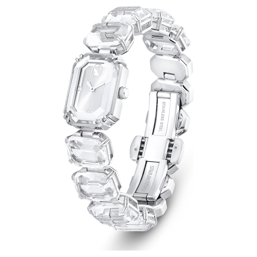 swarovski ساعة يد، سوار مرصع بأحجار مثمنة الشكل، لون أبيض، ستانلس ستيل