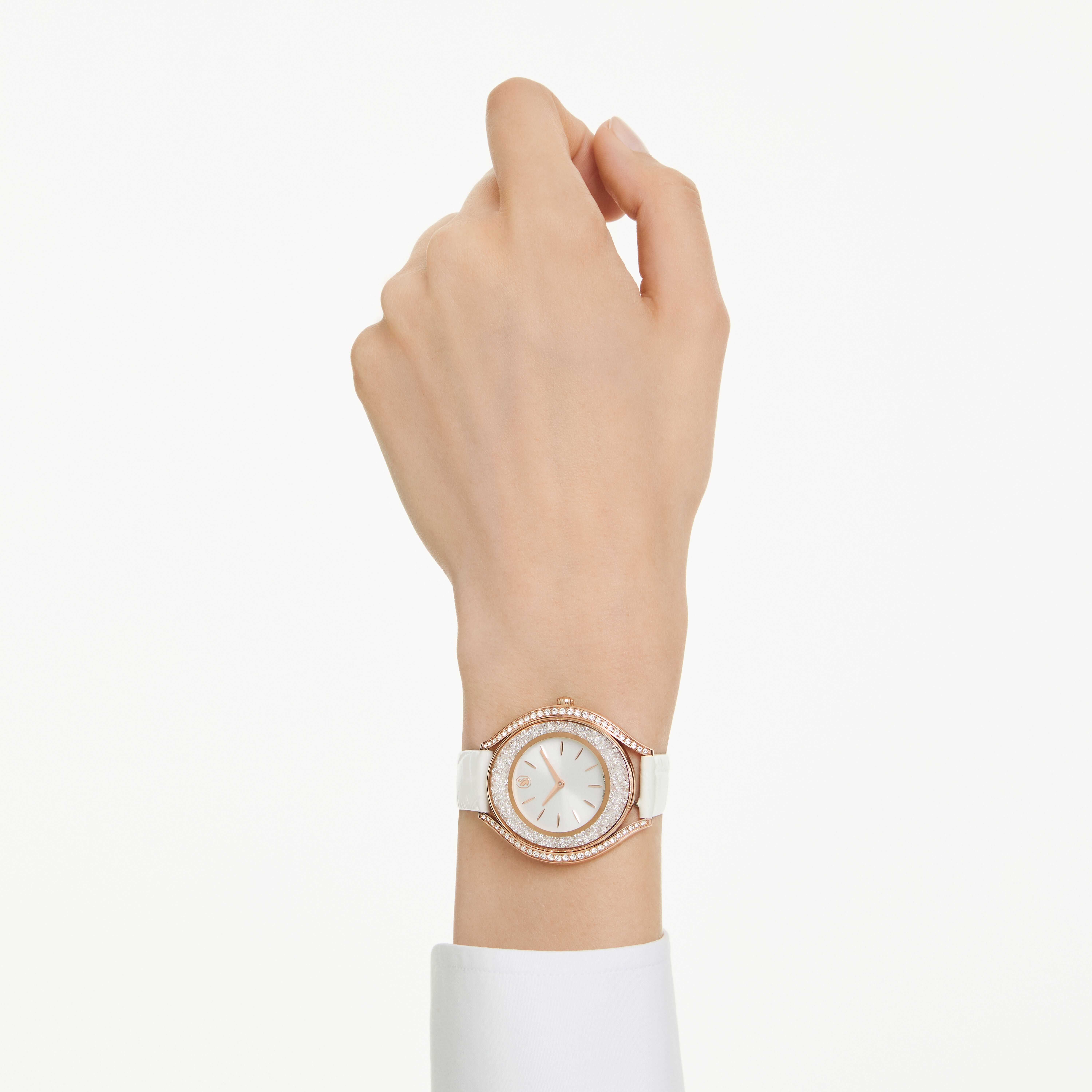 swarovski ساعة crystalline aura، صناعة سويسرية، سوار جلد، لون أبيض، لمسة نهائية باللون الذهبي الوردي