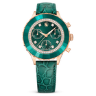 swarovski ساعة octea chrono، صناعة سويسرية، سوار جلد، لون أخضر، لمسة نهائية بلون ذهبي وردي