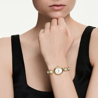 swarovski ساعة بيضاوية imber، سويسرية الصنع، سوار معدني، لون ذهبي، لمسة نهائية باللون الذهبي