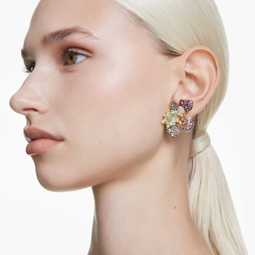 swarovski أقراط بمشبك idyllia، قطع متنوع، كريستالات مُتراصَّة، شكل زهرة، ألوان متعددة، لمسة نهائية من معادن مختلطة