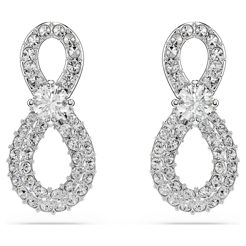 swarovski أقراط دبوسية hyperbola، قطع مُستدير، ترصيع بافيه، شكل لا نهاية، لون أبيض، طلاء روديوم