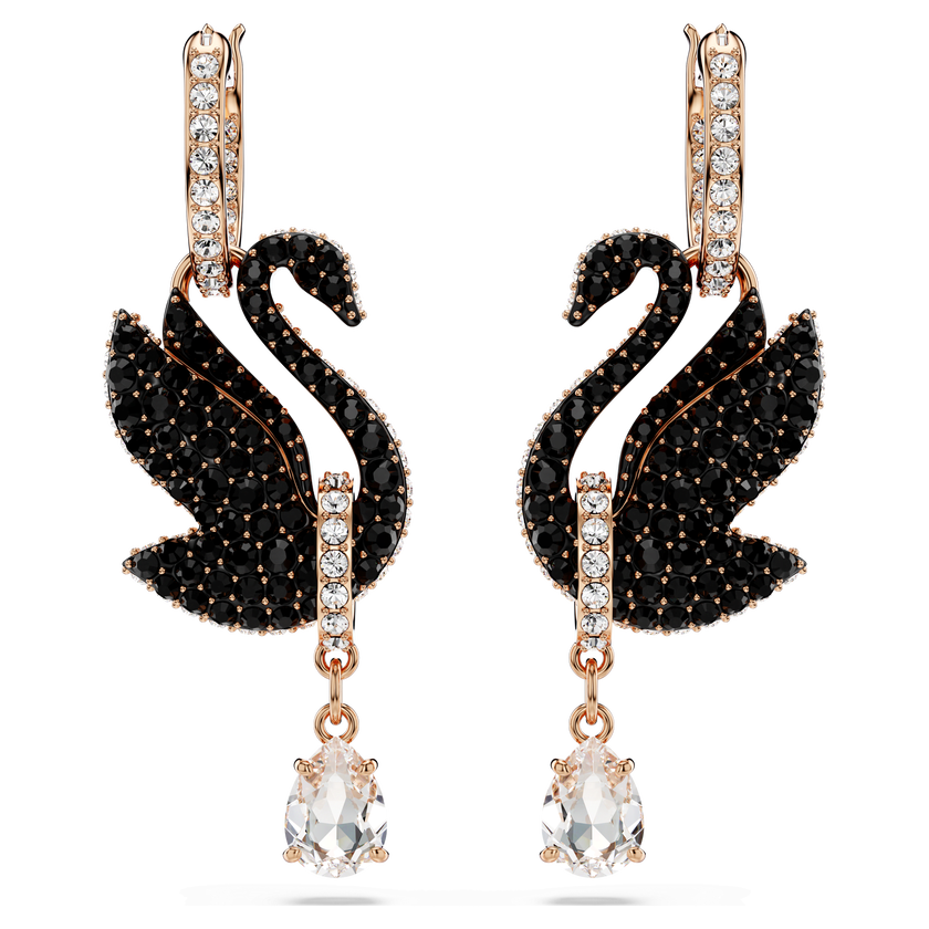 أقراط متدلية swarovski swan، على شكل بجعة، لون أسود، طلاء ذهبي وردي