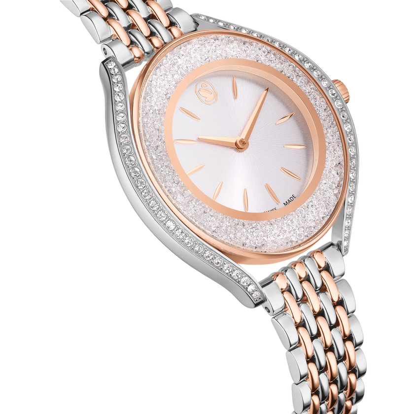 swarovski ساعة crystalline aura، صناعة سويسرية، سوار معدني، لون ذهبي وردي، لمسة نهائية من معادن مختلطة